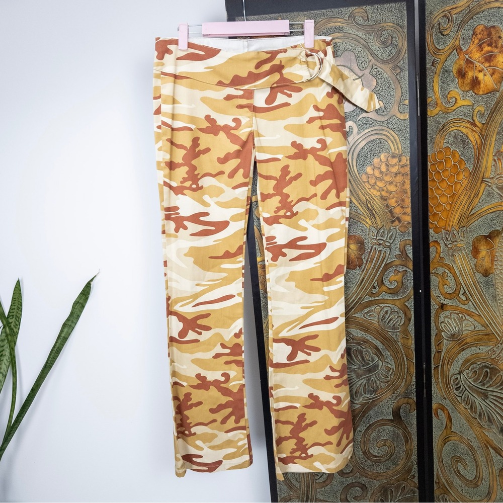 Vintage Y2K Camo Pants Orange Tan‎ Straight Leg Tie Belt Cargo Streetwear S